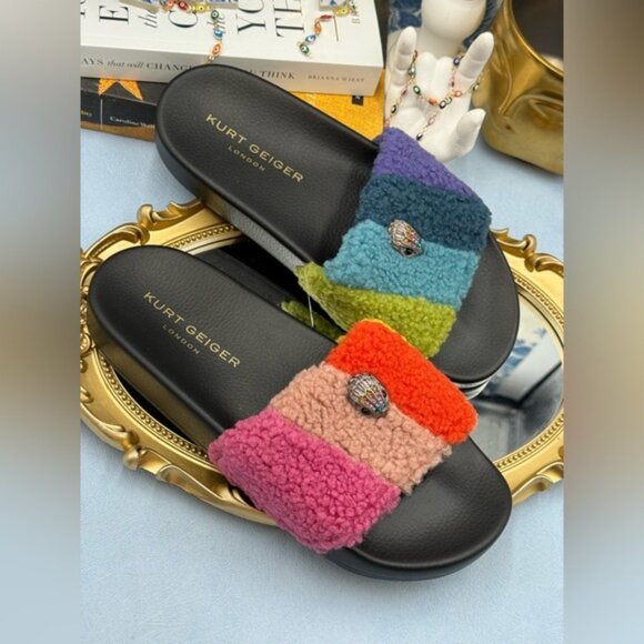 🆕 KURT GEIGER LONDON 🧿 NWOB Meena Teddy Slide, Rainbow Sherpa - Sz 38.5 US 8 - Picture 8 of 13